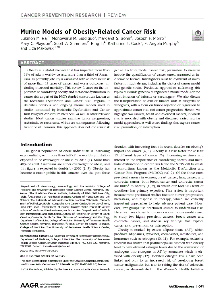 First page of Murine Models of Obesity-Related Cancer Risk<alt-title alt-title-type="short">Murine Models of Obesity-Related Cancer Risk</alt-title>