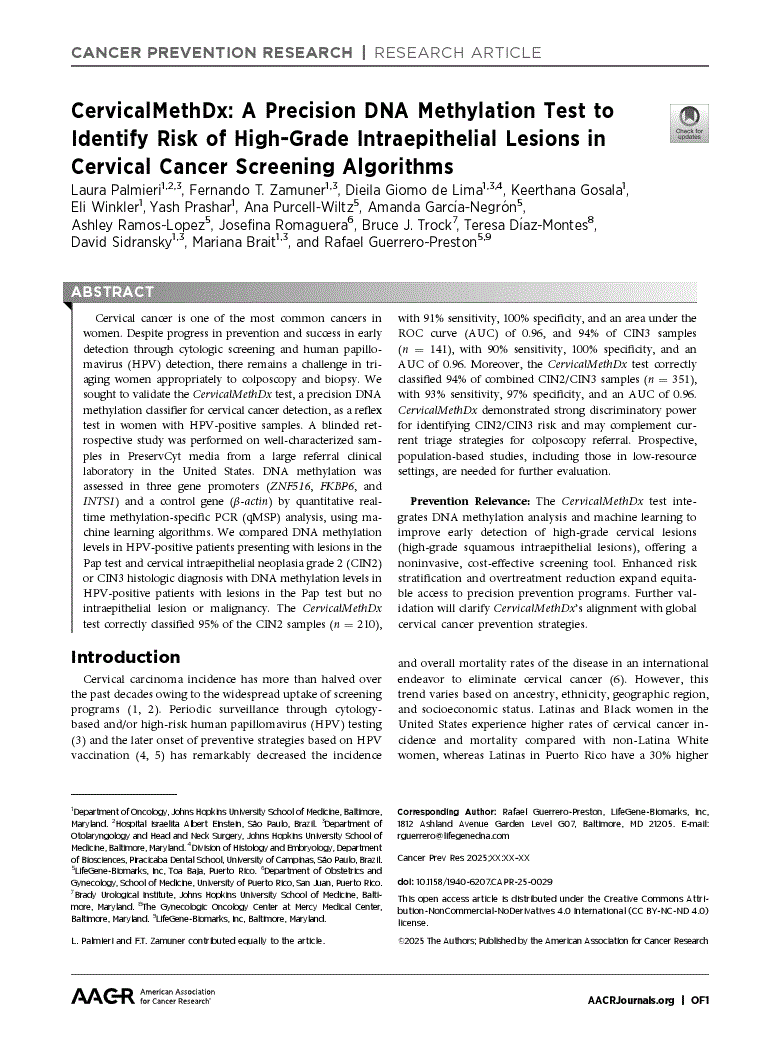 First page of CervicalMethDx: A Precision DNA Methylation Test to Identify Risk of High-Grade Intraepithelial Lesions in Cervical Cancer Screening Algorithms<alt-title alt-title-type="short">Precision DNA Methylation Test for Cervical Cancer Screening</alt-title>
