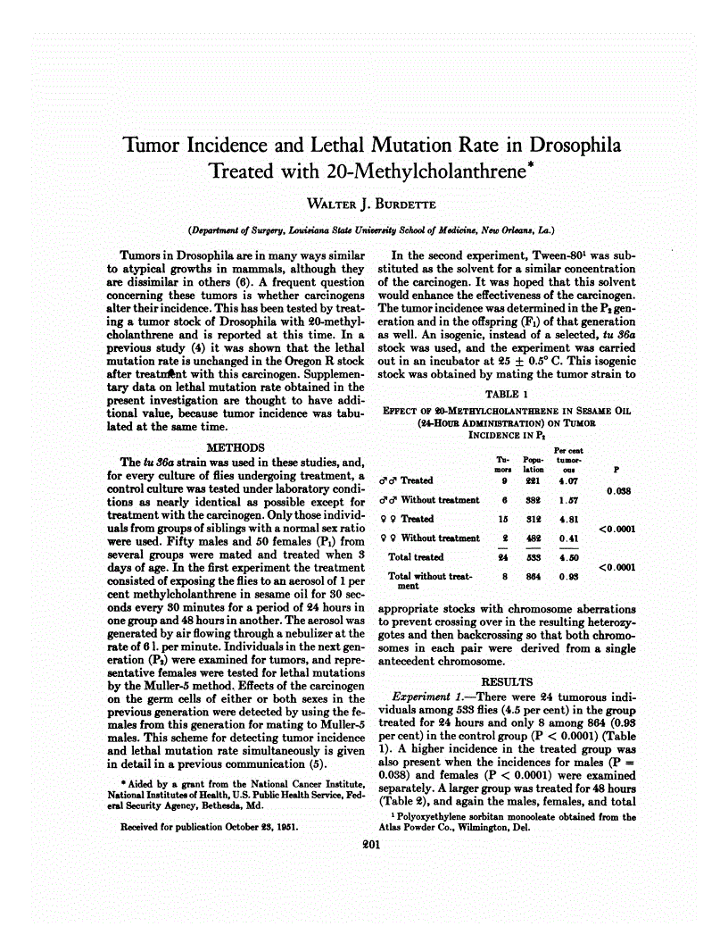 First page of Tumor Incidence and Lethal Mutation Rate in Drosophila Treated with 20-Methylcholanthrene<xref rid="FN1" ref-type="fn">*</xref>