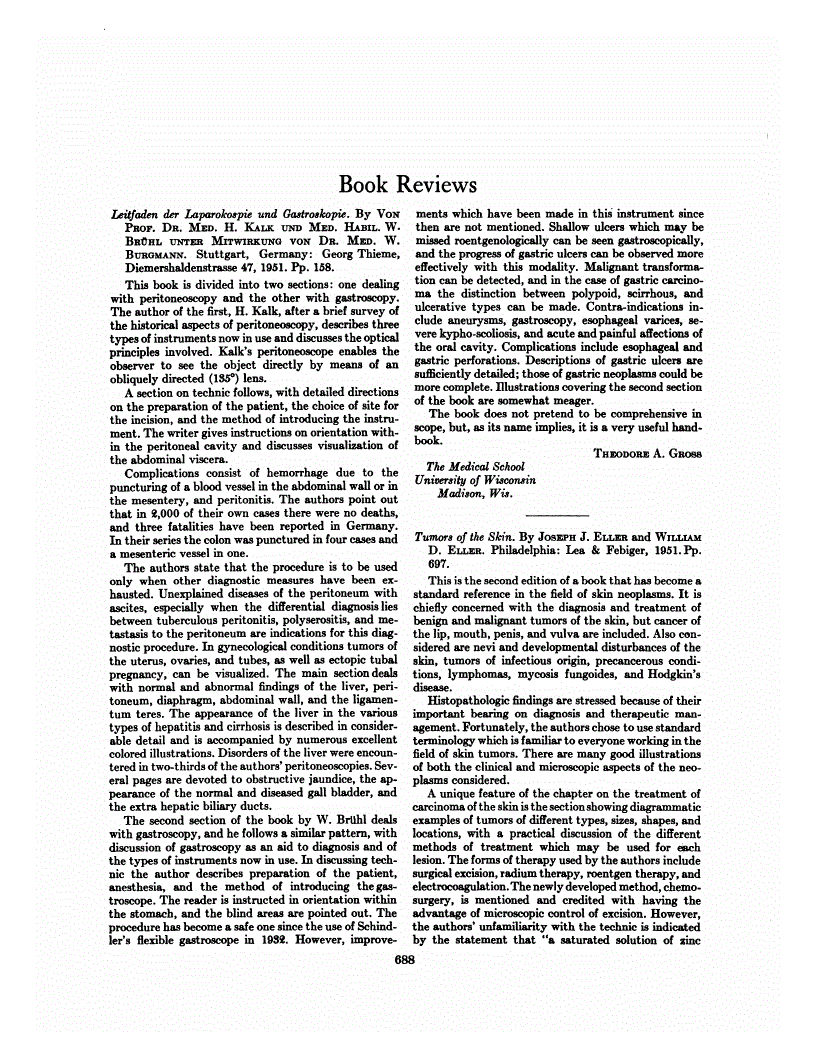 First page of Leitfaden der Laparokospie und Gastroskopie<subtitle>By V<sc>on</sc> P<sc>rof.</sc> D<sc>r.</sc> M<sc>ed.</sc> H. K<sc>alk und</sc> M<sc>ed.</sc> H<sc>abil.</sc> W. B<sc>rühl unter</sc> M<sc>itwirkung von</sc> D<sc>r.</sc> M<sc>ed.</sc> W. B<sc>urgmann.</sc> Stuttgart, Germany: Georg Thieme, Diemershaldenstrasse 47, 1951. Pp. 158</subtitle>