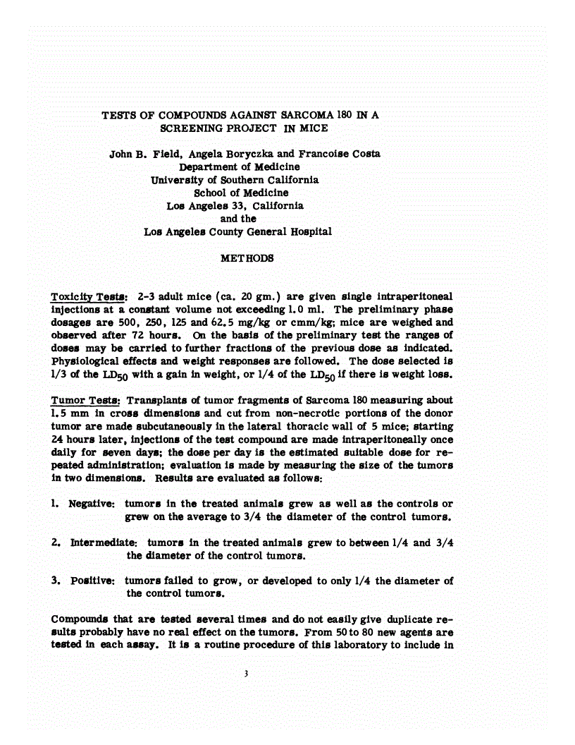 First page of Tests of Compounds Against Sarcoma 180 in A Screening Project in Mice