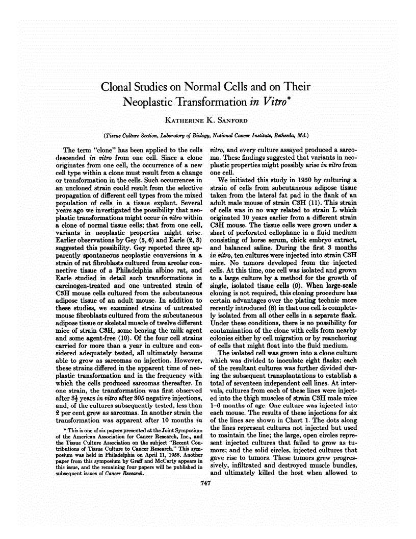 First page of Clonal Studies on Normal Cells and on Their Neoplastic Transformation <italic>in Vitro</italic><xref rid="FN1" ref-type="fn">*</xref>