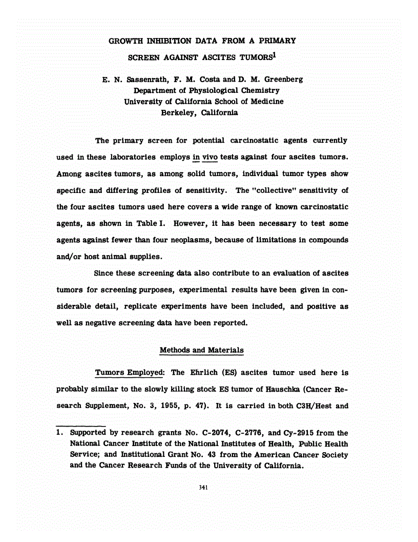 First page of Growth Inhibition Data from a Primary Screen Against Ascites Tumors<xref rid="FN1" ref-type="fn"><sup>1</sup></xref>