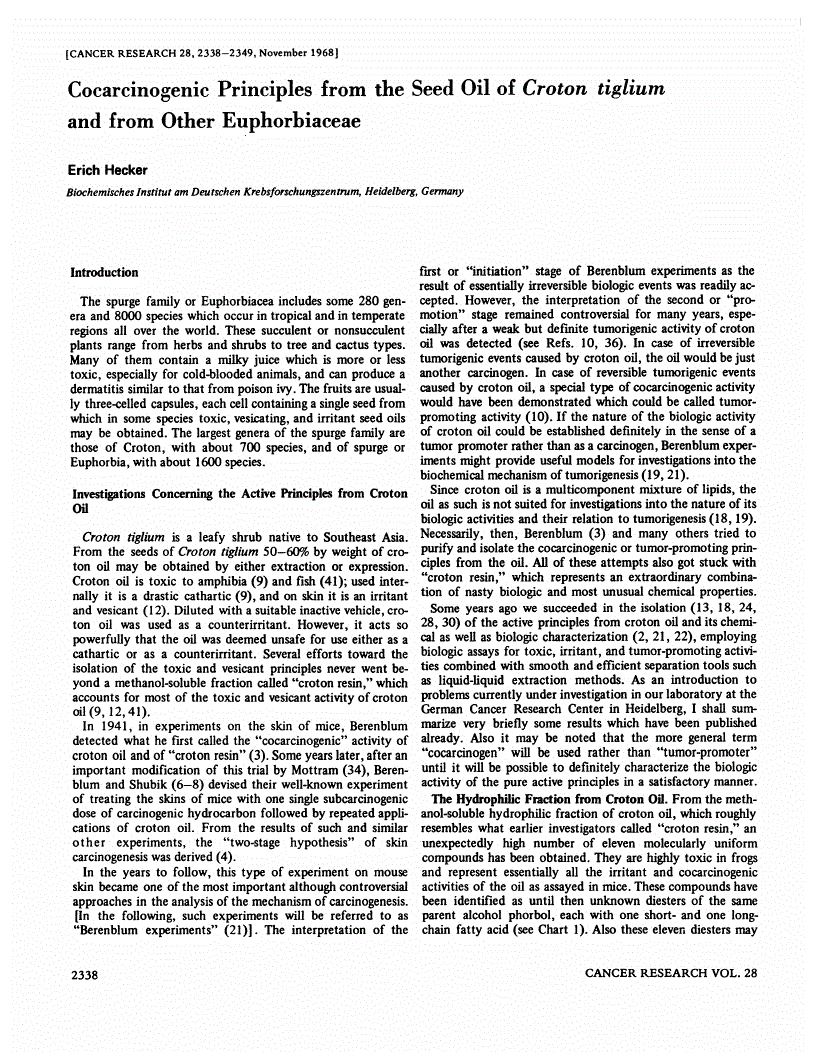 First page of Cocarcinogenic Principles from the Seed Oil of <italic>Croton tiglium</italic> and from Other Euphorbiaceae