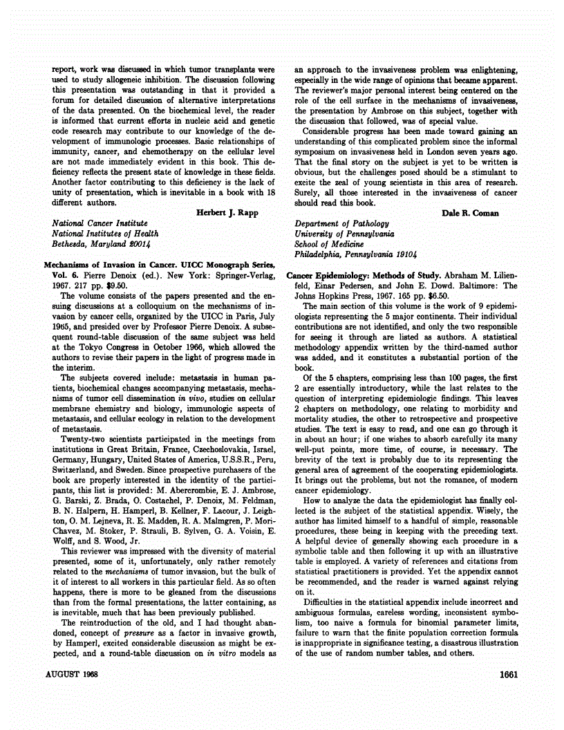 First page of Mechanisms of Invasion in Cancer. UICC Monograph Series, Vol. 6<subtitle>Pierre Denoix (ed.). New York: Springer-Verlag, 1967. 217 pp. $9.50</subtitle>