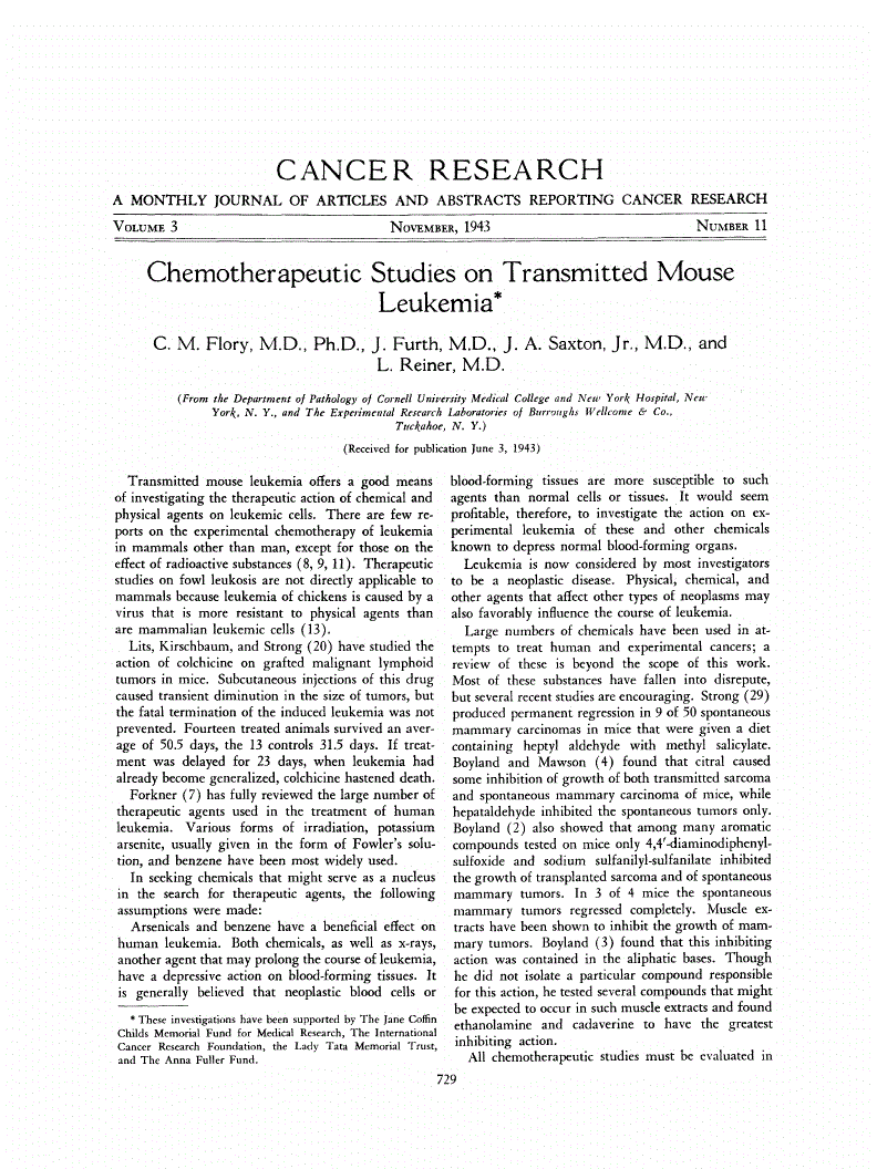 First page of Chemotherapeutic Studies on Transmitted Mouse Leukemia<xref rid="FN1" ref-type="fn"><sup>*</sup></xref>