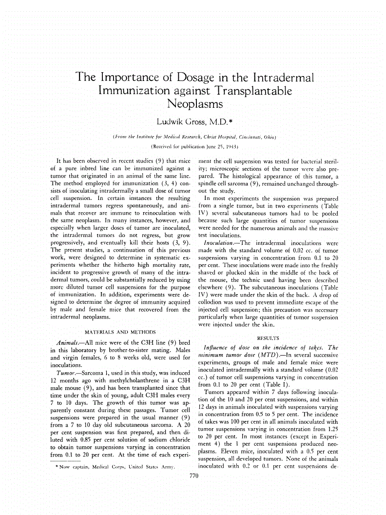 First page of The Importance of Dosage in the Intradermal Immunization against Transplantable Neoplasms
