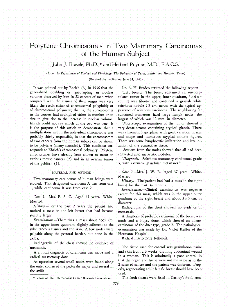 First page of Polytene Chromosomes in Two Mammary Carcinomas of the Human Subject