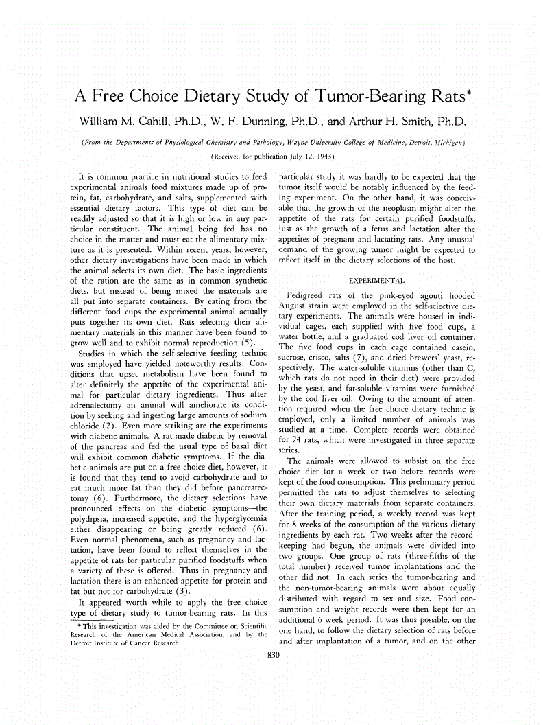 First page of A Free Choice Dietary Study of Tumor-Bearing Rats<xref rid="FN1" ref-type="fn"><sup>*</sup></xref>
