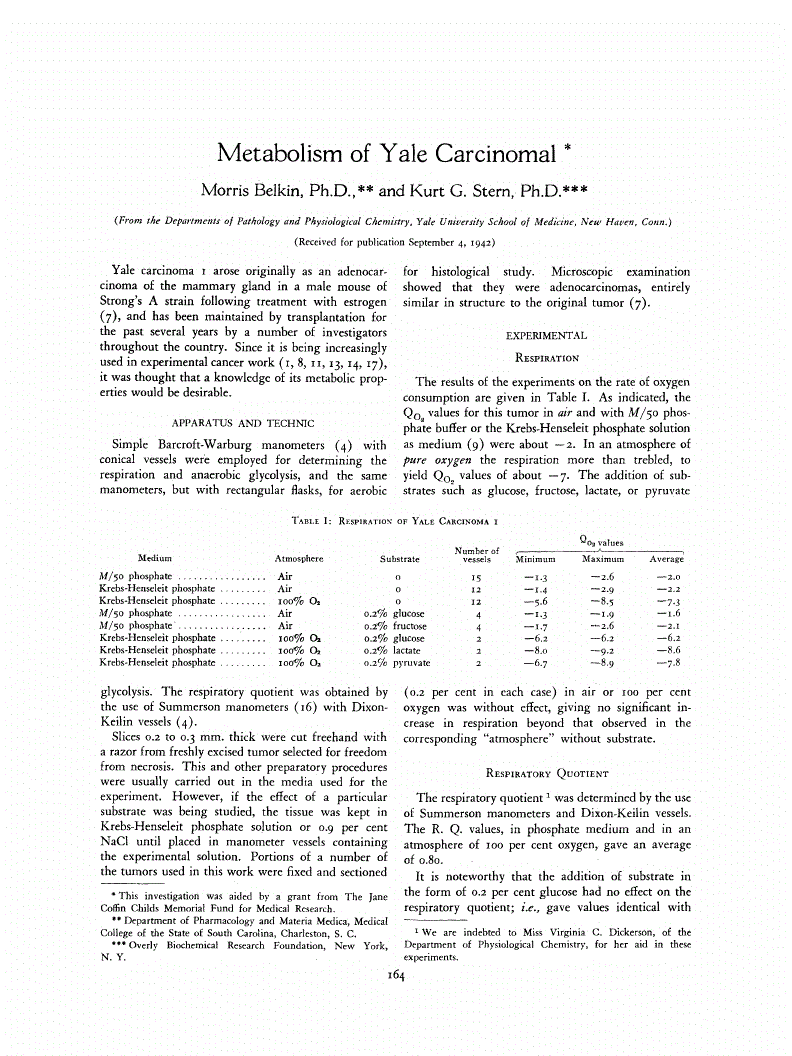 First page of Metabolism of Yale Carcinomal<xref rid="FN1" ref-type="fn"><sup>*</sup></xref>