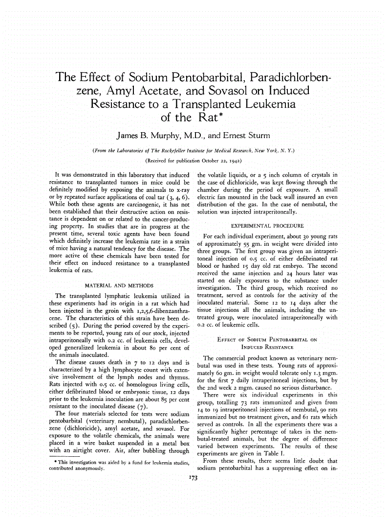 First page of The Effect of Sodium Pentobarbital, Paradichlorbenzene, Amyl Acetate, and Sovasol on Induced Resistance to a Transplanted Leukemia of the Rat<xref rid="FN1" ref-type="fn"><sup>*</sup></xref>