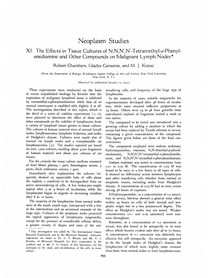 First page of Neoplasm Studies. XI. The Effects in Tissue Cultures of N,N,N′,N′-Tetramethyl-<italic>o</italic>-Phenylenediamine and Other Compounds on Malignant Lymph Nodes<xref rid="FN1" ref-type="fn"><sup>*</sup></xref>