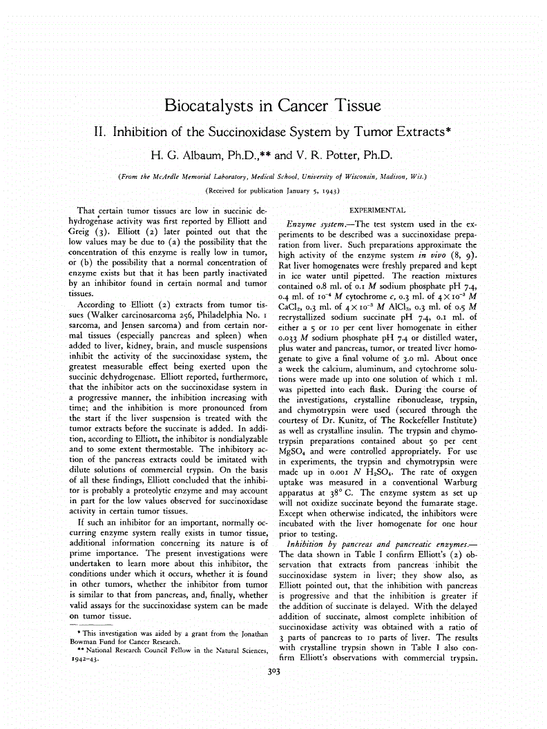 First page of Biocatalysts in Cancer Tissue. II. Inhibition of the Succinoxidase System by Tumor Extracts<xref rid="FN1" ref-type="fn"><sup>*</sup></xref>