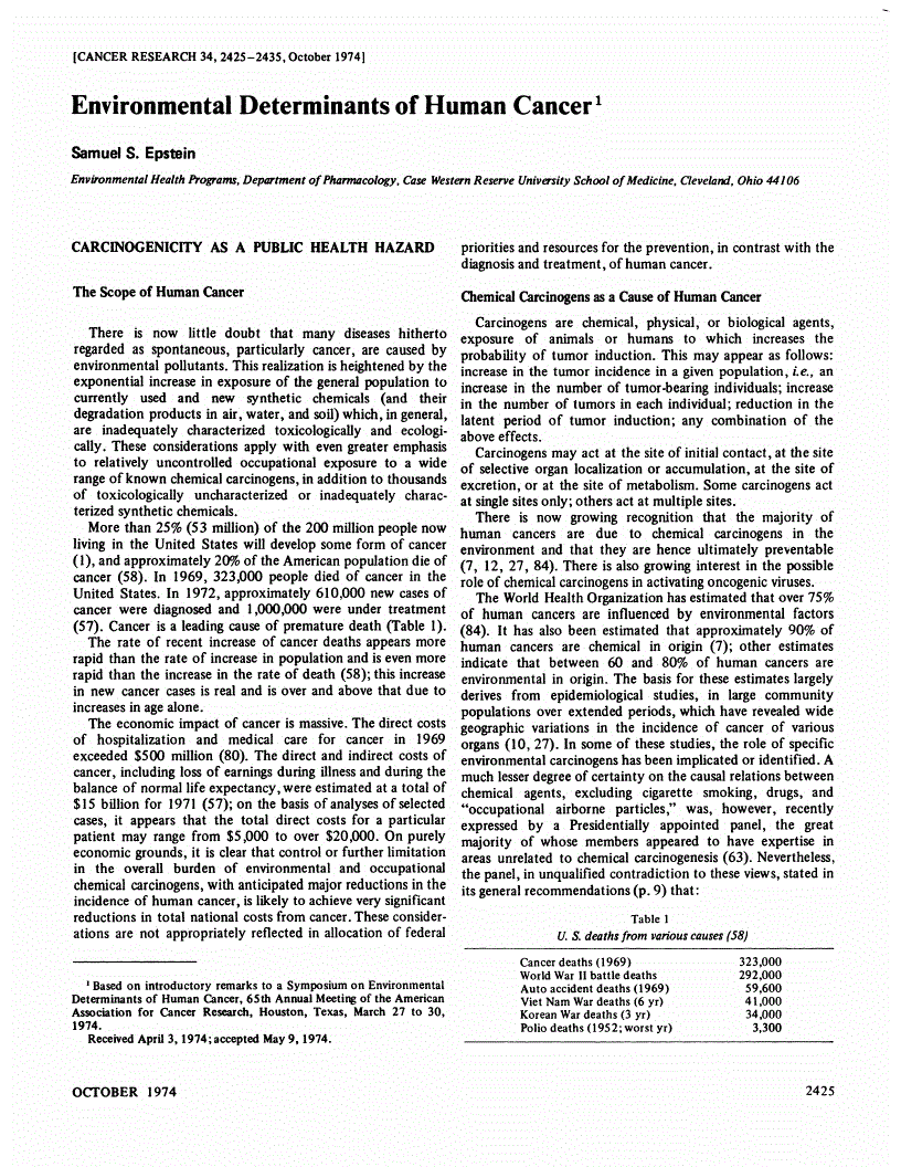 First page of Environmental Determinants of Human Cancer<xref rid="FN1" ref-type="fn"><sup>1</sup></xref>