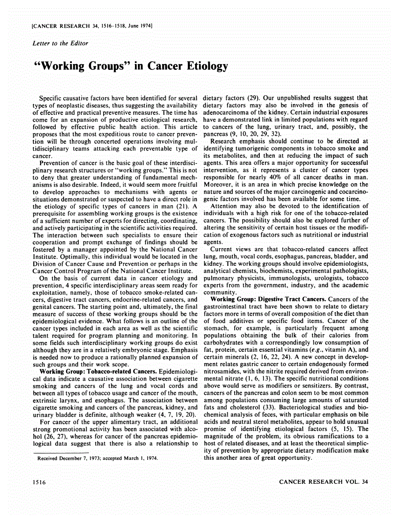 First page of “Working Groups” in Cancer Etiology