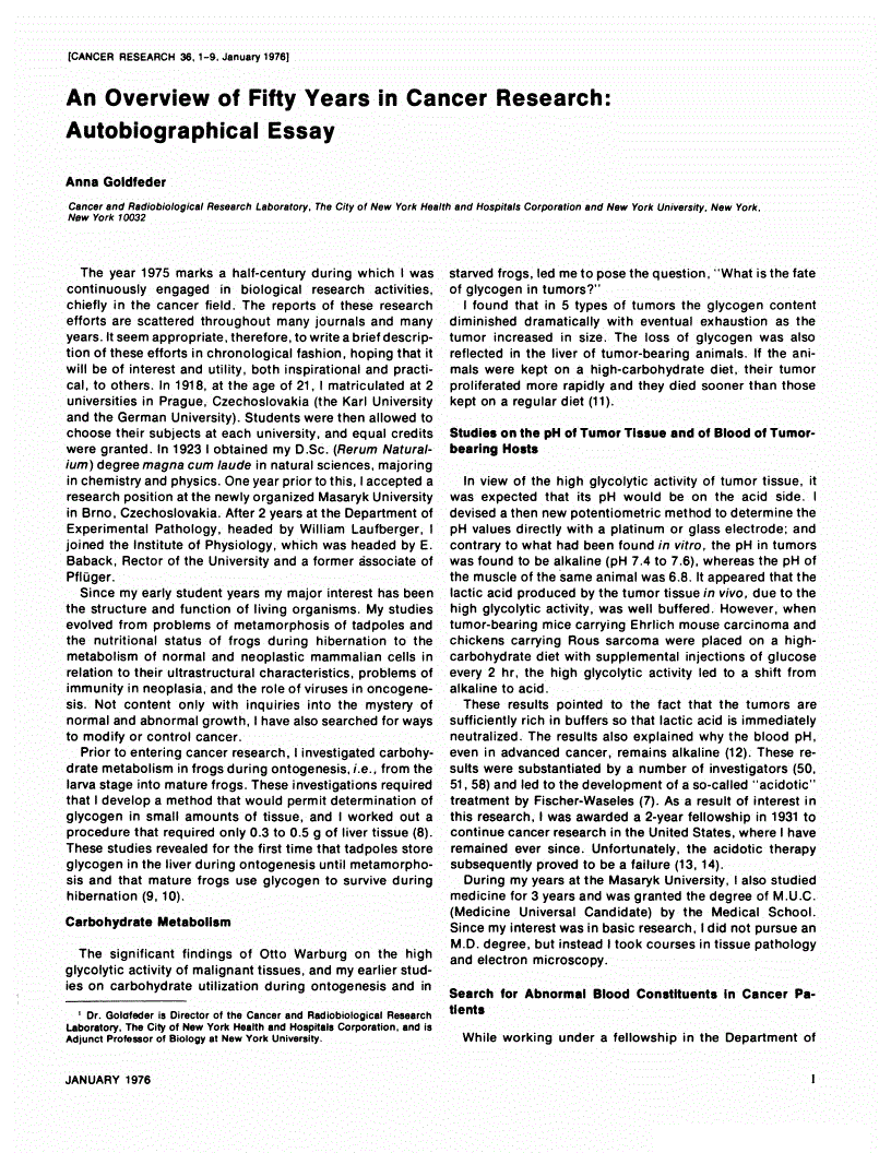 First page of An Overview of Fifty Years in Cancer Research: Autobiographical Essay
