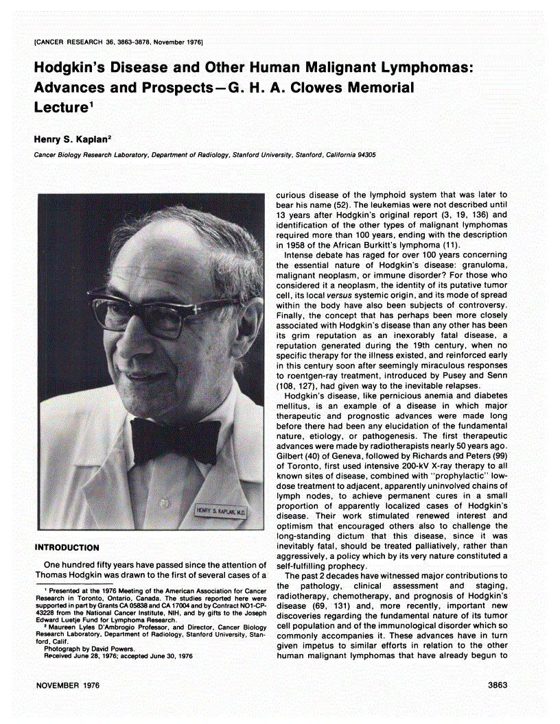 First page of Hodgkin's Disease and Other Human Malignant Lymphomas: Advances and Prospects—G. H. A. Clowes Memorial Lecture<xref rid="FN1" ref-type="fn"><sup>1</sup></xref>
