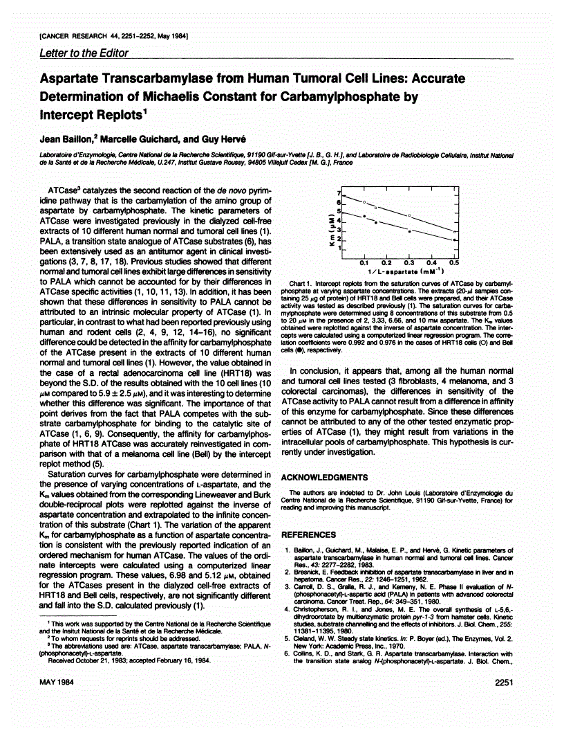 First page of Aspartate Transcarbamylase from Human Tumoral Cell Lines: Accurate Determination of Michaelis Constant for Carbamylphosphate by Intercept Replots<xref rid="FN1" ref-type="fn"><sup>1</sup></xref>