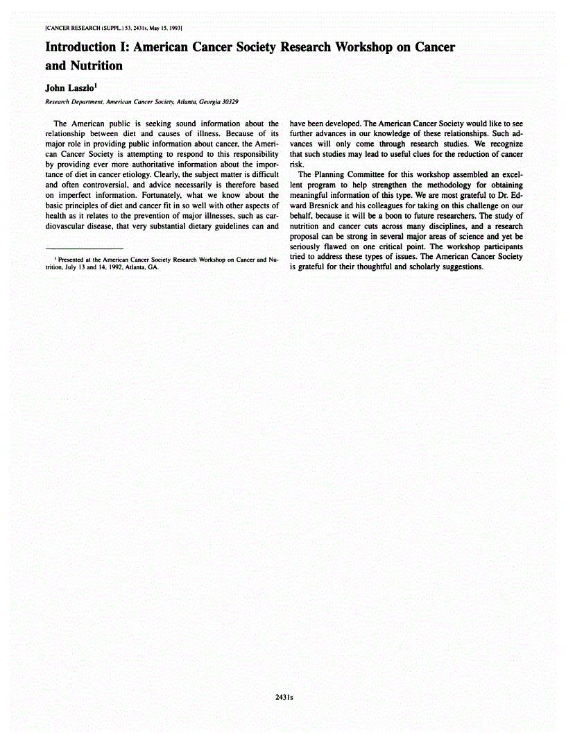 First page of Introduction I: American Cancer Society Research Workshop on Cancer and Nutrition