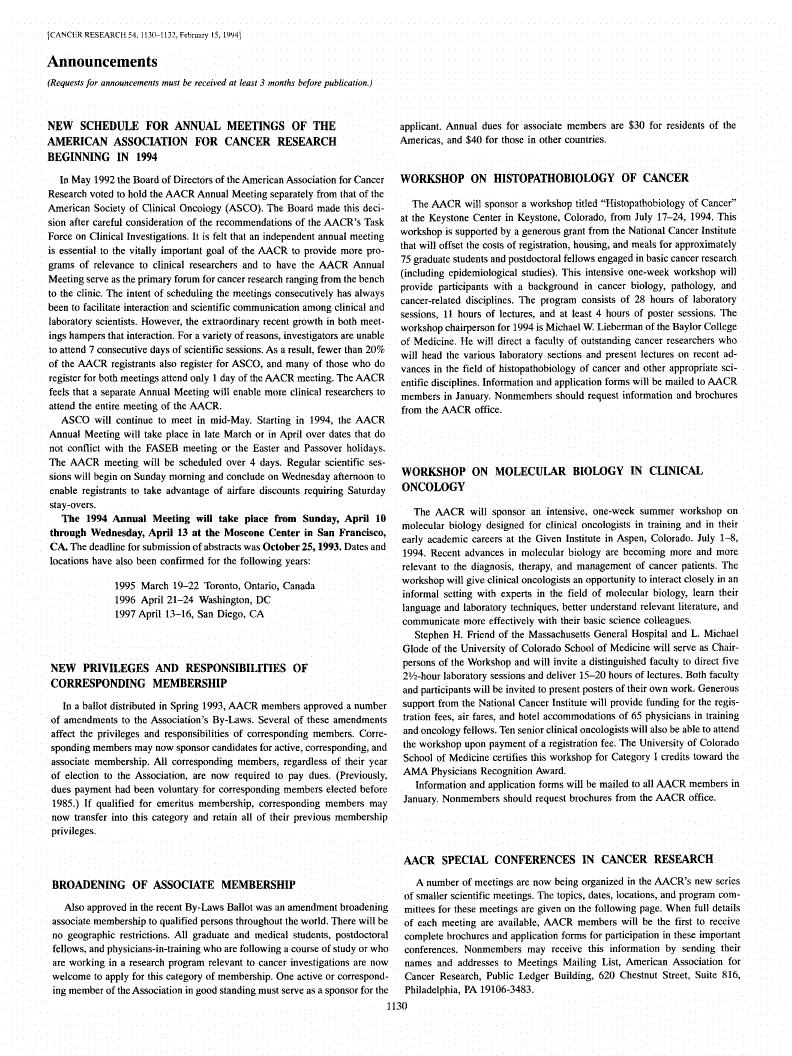 First page of Announcements
