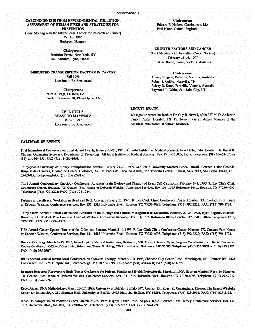 First page of Calendar of Events