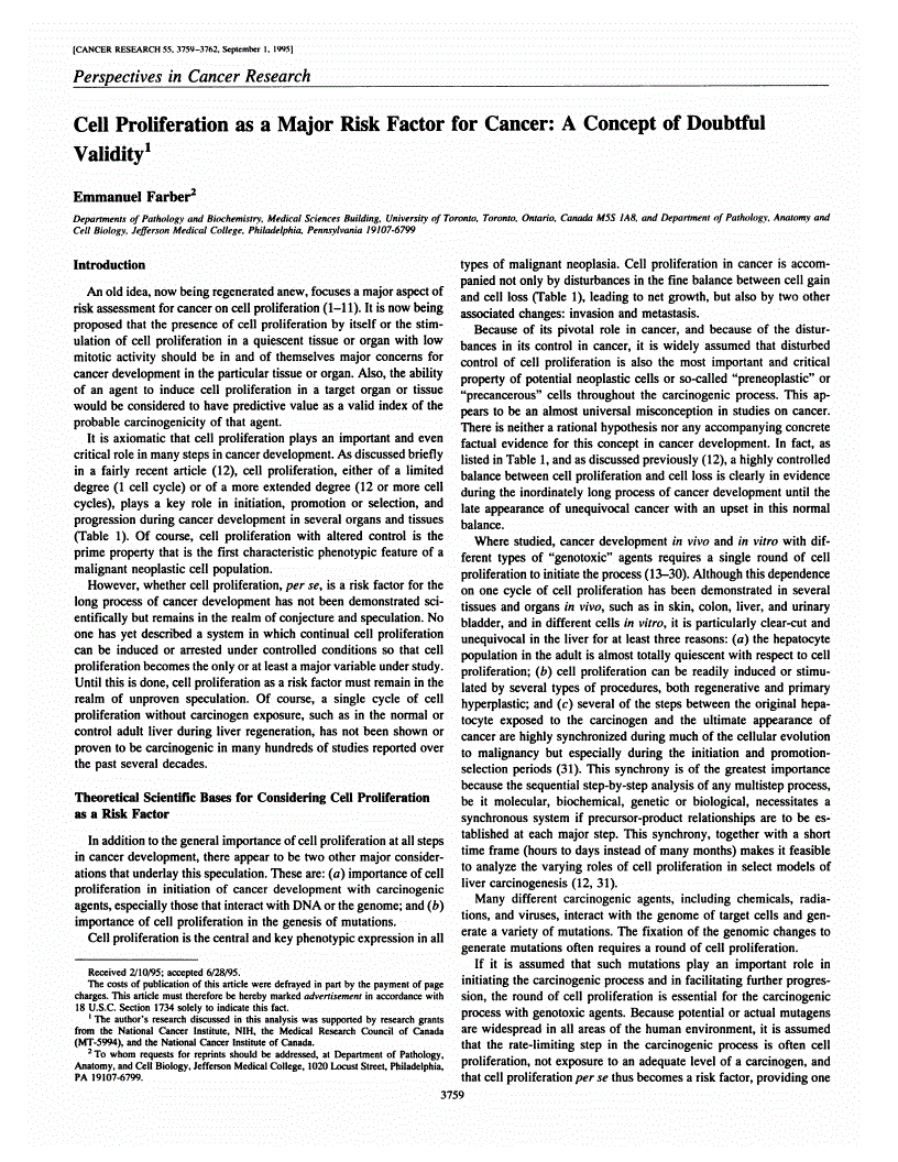 First page of Cell Proliferation as a Major Risk Factor for Cancer: A Concept of Doubtful Validity<xref rid="FN1" ref-type="fn"><sup>1</sup></xref>