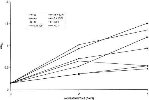Fig. 2. Effect of sense (S) and antisense (As) IGF-1R mRNA oligonucleotides on the growth of OMIR cells. OMIR cells were maintained in SFM as described in the “Material and Methods” section. Where indicated, oligonucleotides (40 ng/ml) were added to the medium for 24 h before the addition of IGF-1 (10 ng/ml) at time zero. Medium containing oligonucleotides or IGF-1 was replaced daily. Cells were then counted at the indicated times. The data represent the mean of triplicate determinations from one of three representative experiments.