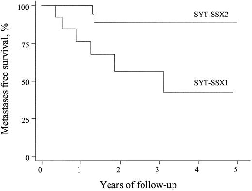 Fig. 3. Metastasis-free survival in 19 patients with SYT-SSX2 and in 13 patients with SYT-SSX1. Metastasis-free survival was significantly shorter among patients with SYT-SSX1 fusion transcripts (log-rank P = 0.004).