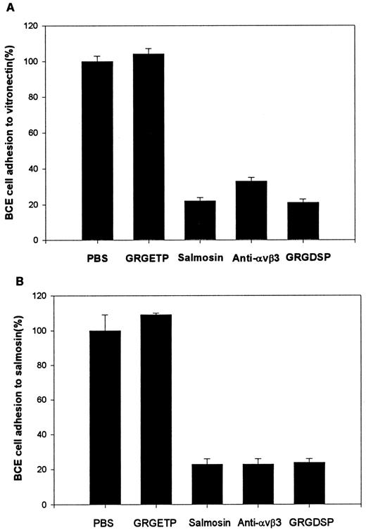 Fig. 5. Inhibition of BCE cell adhesion by salmosin and other antagonists of the αvβ3 integrin. BCE cells were preincubated with each antagonist for 30 min before the addition of the cells into vitronectin-coated (A) and salmosin-coated (B) wells. The wells were rinsed after 1 h of incubation, and adhesion was determined colorimetrically. Bar, the mean of triplicate. Antagonist concentrations were GRGETP (2.0 mg/ml), salmosin (10 μg/ml), anti-αvβ3 monoclonal antibody (50 μg/ml), and GRGDSP (2.0 mg/ml).