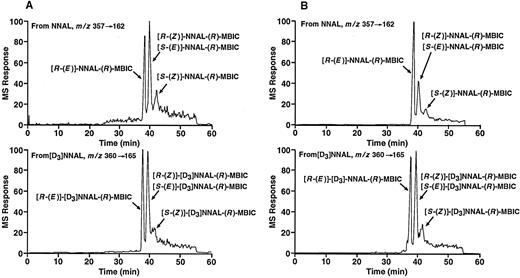 Fig. 4. LC-MS/MS chromatogram of NNAL fraction (A) and NNAL-Gluc fraction (B) of a smoker’s urine. Top, selected reaction monitoring for the analyte at m/z 357 → 162. Bottom, corresponding analysis of the internal standard.