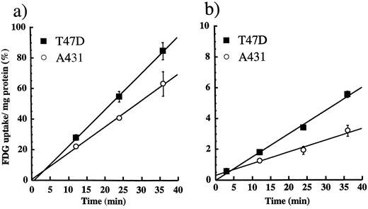 Fig. 3. FDG uptake in A431 and T47D cells in the presence of no glucose (a) or with 5.5 mm glucose (b) in the uptake medium (n ≥3 per time point; bars, SD). Under both conditions, FDG uptake is higher in T47D cells. Uptake values are 17–20 times higher in the absence of glucose in both cell lines.