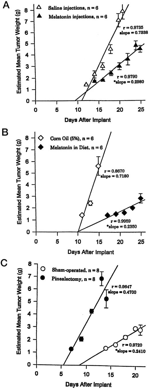 Fig. 5. Effects of melatonin versus vehicle injections (A), a melatonin-containing diet versus a melatonin-free diet (B), and pinealectomy versus sham-pinealectomy (C) on the growth of tissue-isolated hepatoma 7288CTC in adult male Buffalo rats. Top, melatonin (200 μg/0.1 ml of ethanolic saline) and vehicle injections (0.1 ml of ethanolic saline) were administered s.c. every day in the late afternoon (4:00–6:00 p.m.) to rats provided with a semipurified diet containing 5% corn oil ad libitum. Middle, rats were fed a semipurified diet containing 5% corn oil containing exogenous melatonin, so that each rat consumed approximately 200 μg of melatonin per day. Bottom, rats fed laboratory chow were either pinealectomized or sham-operated. The animals in all treatment groups were maintained on a 12L:12D cycle. Melatonin injections or feeding were initiated 1 week prior to tumor implantation and were continued until the end of the growth experiment. Pinealectomy and sham-pinealectomy procedures were performed 1 week prior to tumor implantation. Regression analyses and tests for parallelism indicated that melatonin treatment (top and middle) significantly (*, P < 0.05) decreased the tumor growth rate while pinealectomy (bottom) significantly (* P < 0.05) increased the rate of tumor growth as compared with corresponding controls.