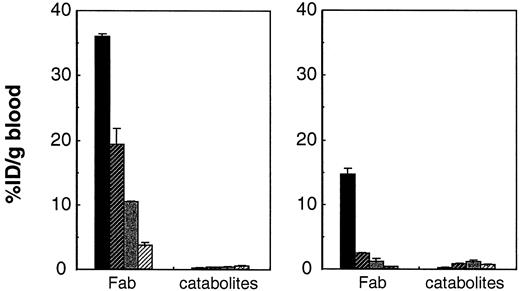 Fig. 5. HPLC analyses of mouse serum 15 (▪), 45 (), 120 (), and 360 (▨) min after injection of 125I-labeled sa-glyco-Fab (A) and 131I-labeled nonglycolated Fab (B). Data are normalized to %ID/g of blood (n = 5; columns, means; bars, SD).