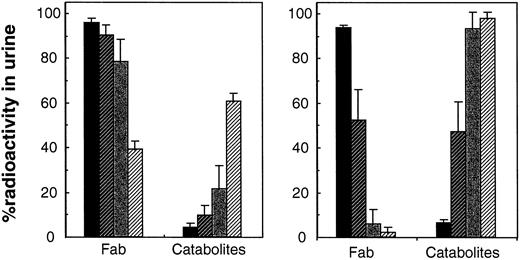 Fig. 6. Plot of serial urine HPLC fractions of 125I-labeled sa-glyco-Fab (A) and 131I-labeled nonglycolated Fab (B) 15 (▪), 45 (), 120 (), and 360 (▨) min after injection. Data are expressed as the percentage of radioactivity in urine in the different fractions (n = 3–4; columns, means; bars, SD).