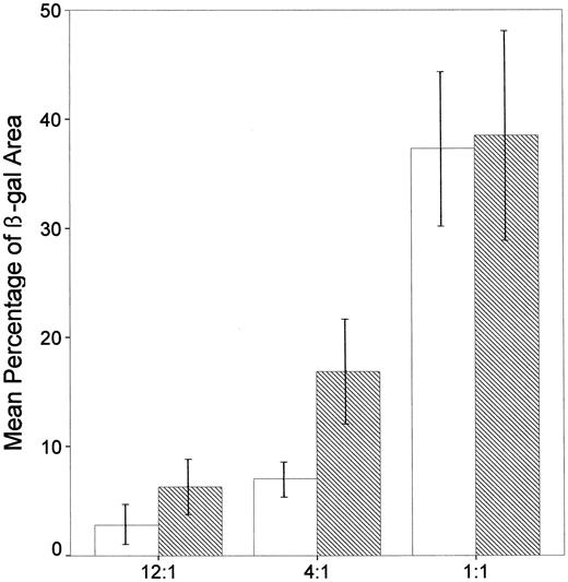 Fig. 4. The percentage of β-gal-positive area in mixtures of normal and II-4 keratinocytes with and without exposure to TPA. Mixtures (12:1, 4:1, and 1:1) of NHK:II-4 were grown in organotypic culture for 4 days and cultured in the presence of 0.001 μg/ml TPA (▧) or 0.1% DMSO (□) when raised to the air-liquid interface. Cultures were grown for 3 additional days and stained for β-gal expression. The total mean β-gal-positive area as detected by immunofluorescence was determined using the UTHSCA Image Tool. Bars, SD.