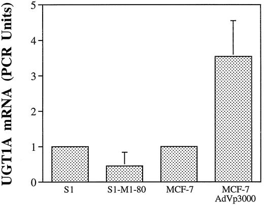 Fig. 9. mRNA expression was examined using a quantitative PCR assay with primers able to amplify a 529-bp region in exon 5, which is common to all members of the UGT1 family. The expression in both parental lines is expressed as 1, with the S1 parental line expressing 2.33-fold more mRNA than MCF-7.