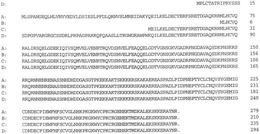 Fig. 2. Predicted amino acid sequences of the four different ING1 variants based on available cDNA sequences. Variants A, C, and D share COOH terminal sequences but differ in their NH2 termini. Variant B represents a truncated peptide variant. The predicted polypeptides are of 279 amino acids (variant A, 32 kD), 210 amino acids (variant B, 24 kD), 235 amino acids (variant C, 27 kD), and 294 amino acids (variant D, 33 kD), respectively.