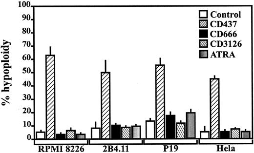 Fig. 1. CD437 induces rapid nuclear signs of apoptosis. Induction of apoptosis by CD437 and other retinoids in different tumor cell lines. Cells (500,000/ml) were treated with 3 μm CD437, CD666, CD3126, or ATRA for 12 h. Apoptosis was assessed by cytofluorometric analysis of propidium iodide-stained, permeabilized tumor cells: human myeloma (RPMI 8226), mouse T-cell leukemia (2B4.11), mouse embryonal carcinoma (P19), and human carcinoma (HeLa). Data (±SD) are representative of three independent experiments.