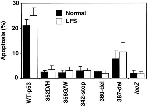 Fig. 3. Induction of apoptosis by wild-type p53 (WT-p53) and tumor-derived p53 CTD mutants. Apoptotic cells among p53-positive cells were scored by the morphological characteristics 24 h after microinjection. All data are an average of three independent experiments, and a total of ∼200 cells were examined. Bars, SD.