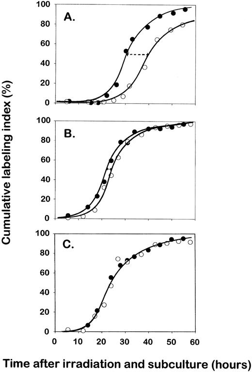 Fig. 4. G1 delay measurements by the cumulative labeling index method. The cumulative number of cells that have entered S phase is shown as a function of time after irradiation of cells synchronized in G0/G1 and subsequently released. The G1 delay times after 6 Gy as determined by comparison of control and irradiated cultures at 50% of the maximum labeling index (dashed lines with arrows) are as follows. A, normal parental 10T1/2 cells: 9 h. B, transformed clone 9 (wt p53): 3 h. C, transformed clone 7 (mut p53): 0 h. •, controls; ○, 6 Gy of X-rays.