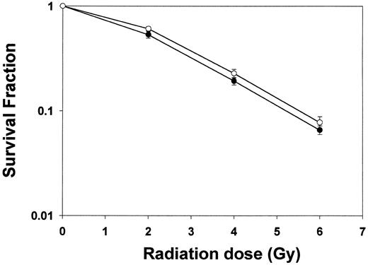 Fig. 6. Radiosensitivity of normal and transformed 10T1/2 cell clones as determined by a clonogenic assay. Data points, mean survival levels at each radiation dose for the 6 normal (•) and 12 transformed (○) clones; bars, SE.