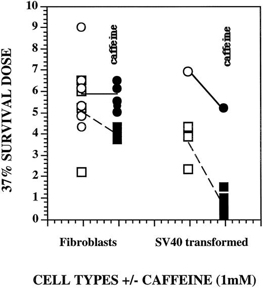 Fig. 1. Relative D37s of normal and XPV cells grown in normal medium or caffeine (1 mm). ○, normal cells in medium; □, XPVs in medium; •, normal cells in caffeine; ▪, XPVs in caffeine. The cell designations, in decreasing order of symbols from the top are: normal fibroblasts in medium (HS27, KK77JA, AG2602, KK51SU, C5RO, fibroblast, CRL1876, and AG1521); XP fibroblasts in medium (XP203SF, XP204SF, XP29SF, and XP205SF); normal fibroblasts grown in caffeine (KK77JA, CRL1876, KK51SU, AG2602, and C5RO); XP fibroblasts grown in caffeine (XP29SF, XP203SF, and XP204SF); SV40-transformed normal cells grown in medium and caffeine (GM637); SV40-transformed XP cells grown in medium (XP30RO, XP29SF, XPCTag, and XP6DU); and SV40-transformed XP cells grown in caffeine (XP29SF, XP6DU, XP30RO, and XPCTag).