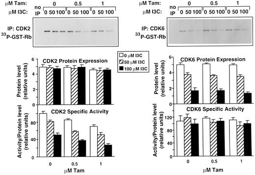Fig. 6. Effects of I3C and tamoxifen on in vitro CDK2 and CDK6 kinase activity in MCF-7 cells. MCF-7 cells were treated with I3C and/or tamoxifen (Tam) for 48 h. CDK2 or CDK6 was immunoprecipitated from cell lysates and assayed for in vitro kinase activity using the COOH terminus of the Rb protein as a substrate (GST-Rb). One control immunoprecipitation (no IP) contained rabbit anti-IgG only in vehicle control-treated MCF-7 cell lysates. The kinase reaction mixtures were electrophoretically fractionated, and the level of [33P]Rb (pGST-Rb) was quantitated by PhosphorImager analysis and visualized by autoradiography. The efficiency of the IP for each sample was confirmed and quantitated by Western blot analysis as described in “Materials and Methods.” To normalize for IP efficiency, the specific activity was determined by dividing the values for the activity by the values for the protein level. Columns, average results of at least three kinase assays for each condition; bars, SE.