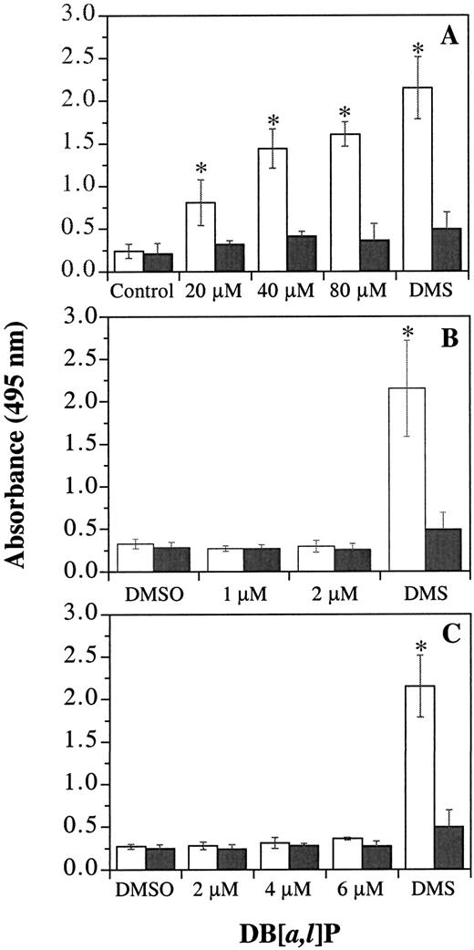 Fig. 3. Analysis of AP sites in DNA reacted with DB[a,l]P in the presence of HRP-H2O2 (A), or DNA from MCF-7 (B) or HL-60 (C) cells treated with various concentrations of DB[a,l]P, as described in “Materials and Methods.” One aliquot of each DNA sample was reacted with methoxyamine (▪) to protect AP sites from reacting with the aldehyde-reactive reagents prior to the NARP assay. The microtiter plate wells were then coated with 2 μg of DNA, NARP reagent was added, and the biotin-tagged AP sites were measured using a streptavidin-alkaline phosphatase complex. Columns, means of three independent determinants; bars, SD. DMS, positive control, DNA treated with DMS; DMSO, solvent-treated control. *, values were significantly different from the control (A) or DMSO samples (B or C; P < 0.05), as determined by the Student’s t test. None of the DB[a,l]P-treated groups in B or C differed significantly from the DMSO-treated group (P > 0.1).