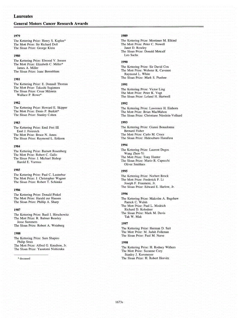 First page of Laureates<subtitle>General Motors Cancer Research Awards</subtitle>
