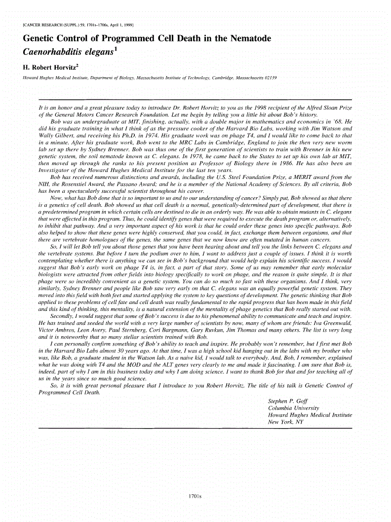 First page of Introduction of H. Robert Horvitz