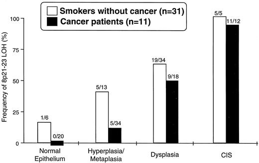 Fig. 2. Frequency of LOH at chromosome 8p21–23 regions in smokers without lung cancer and those with lung cancer scored by histological type. The samples were obtained from 31 smokers without lung cancer and 11 lung cancer patients.