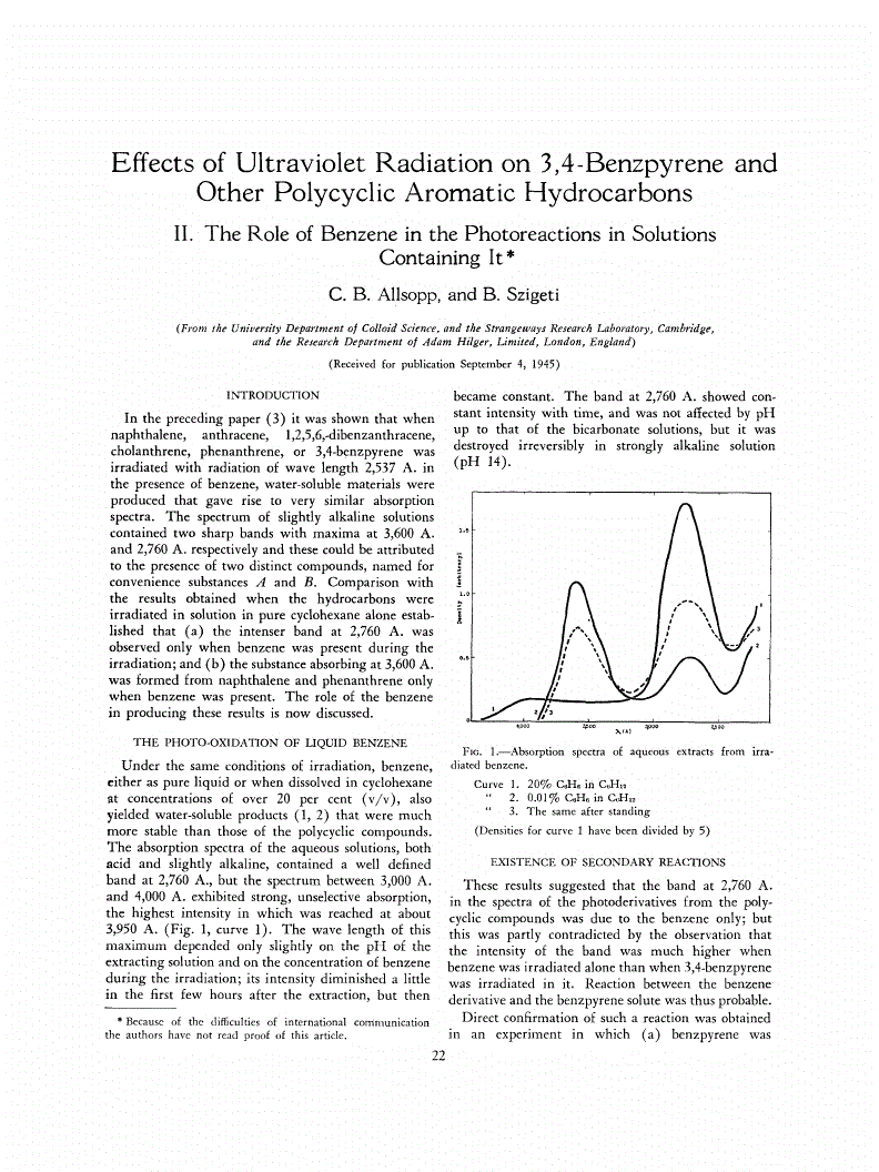 First page of Effects of Ultraviolet Radiation on 3,4-Benzpyrene and Other Poly cyclic Aromatic Hydrocarbons. II. The Role of Benzene in the Photoreactions in Solutions Containing It<xref rid="FN1" ref-type="fn"><sup>*</sup></xref>