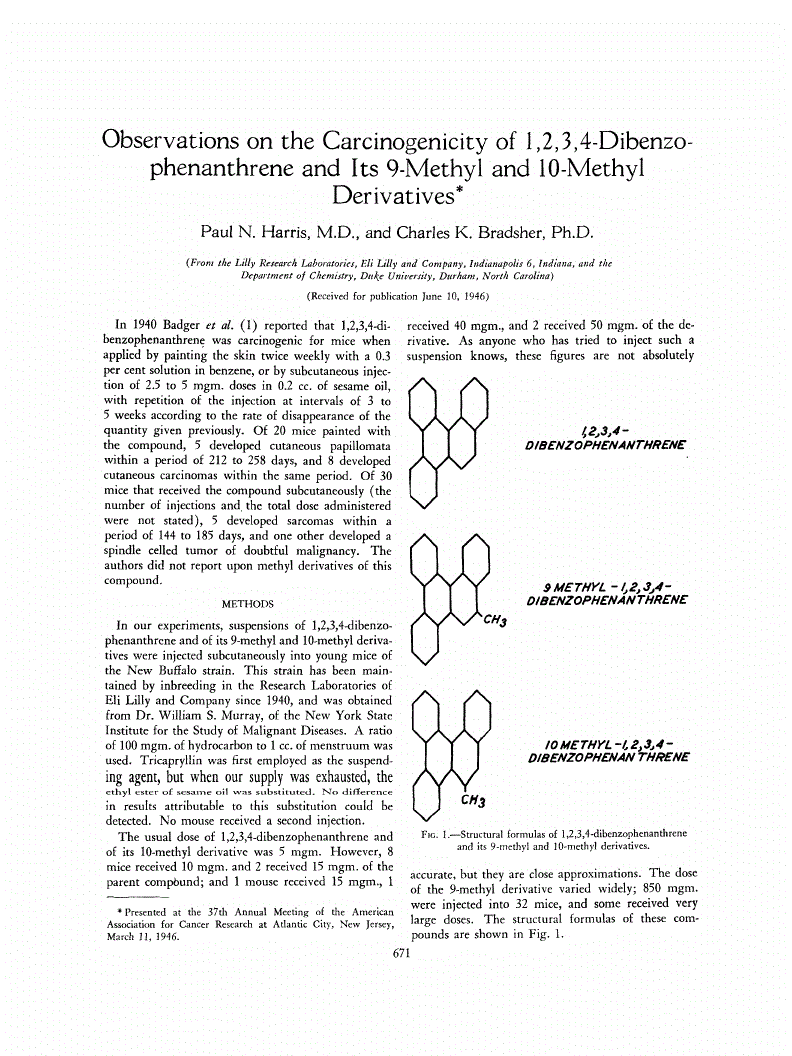 First page of Observations on the Carcinogenicity of 1,2,3,4-Dibenzophenanthrene and Its 9-Methyl and 10-Methyl Derivatives<xref rid="FN1" ref-type="fn"><sup>*</sup></xref>