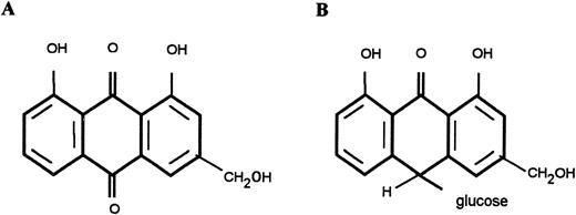 Fig. 1. Chemical structure of AE(1,8-dihydroxy-3-hydroxymethyl-9,10-anthracenedione; A)and aloin (10–1′,5′-anhydroglucosyl-aloe-emodin-9-anthrone; B).